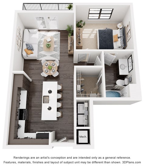 1 bedroom floor plan at Artisan Flats in Birmingham, AL